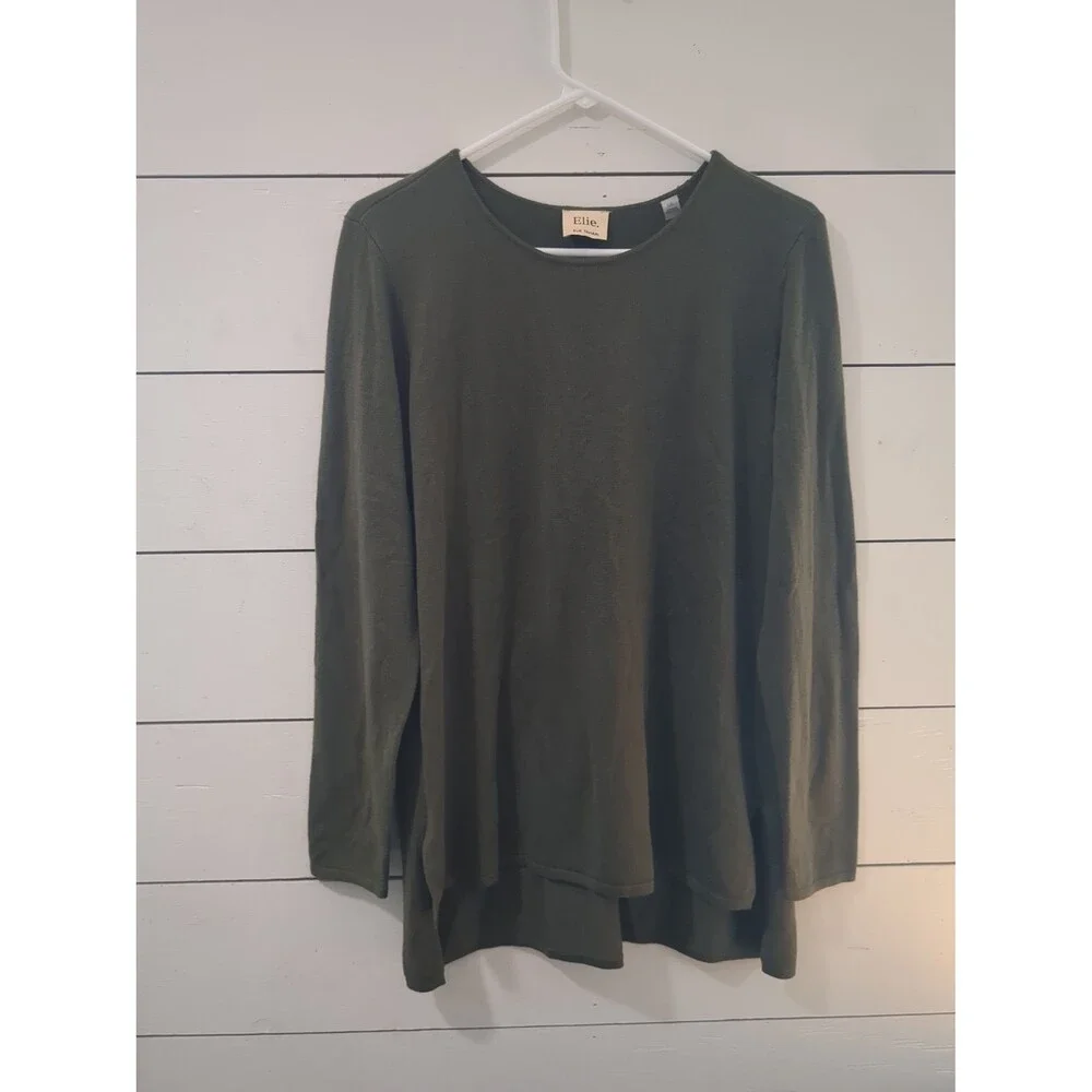 Elie Tahari L cashmere blend green tunic sweater fall winter boho coastal